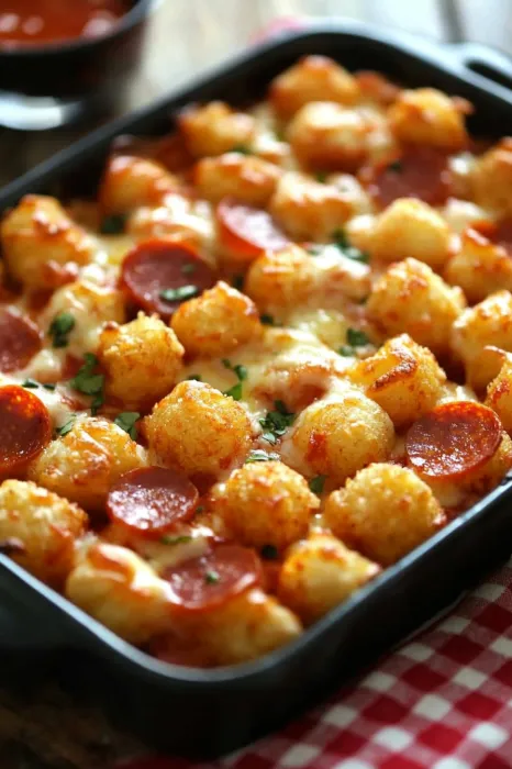 A dish of pasta with pepperoni and cheese.