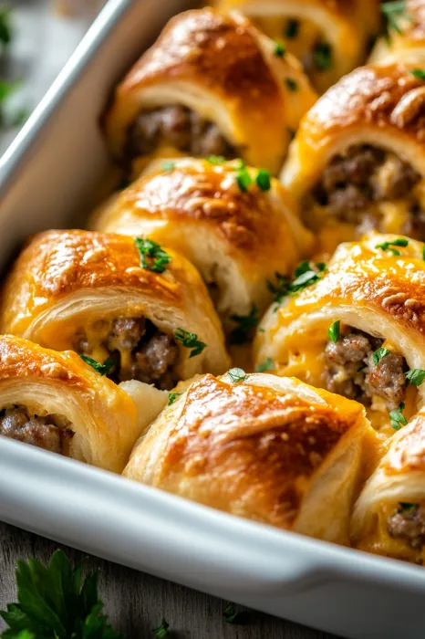 A tray of meat and cheese wrapped in dough.