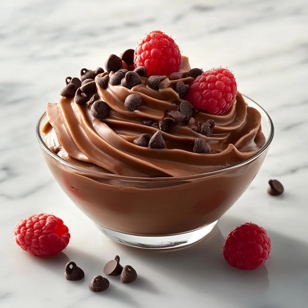 A bowl of chocolate ice cream with raspberries on top.
