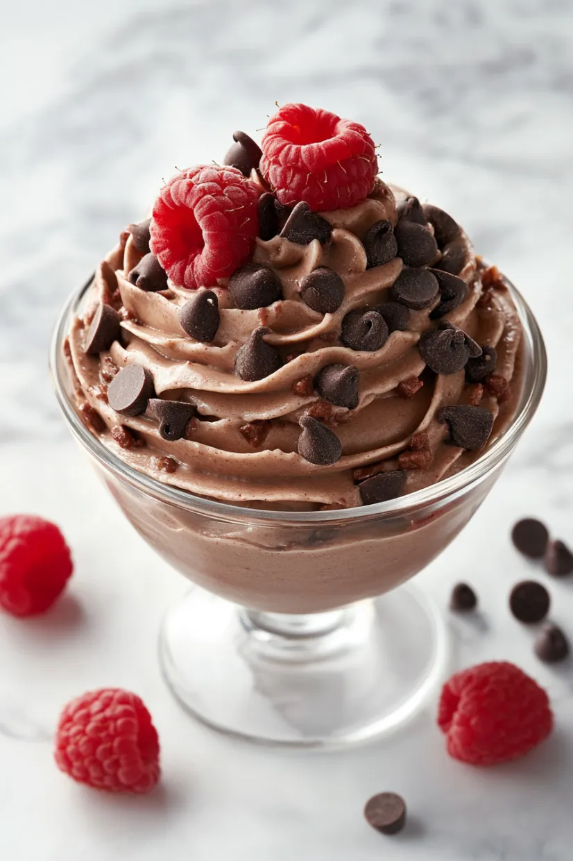 A glass of chocolate ice cream with raspberries on top.