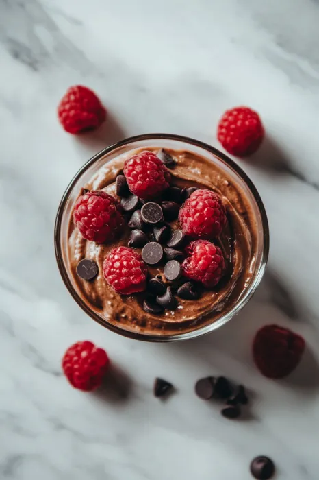 A glass of chocolate and raspberries.