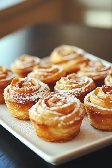 A plate of pastries with powdered sugar.