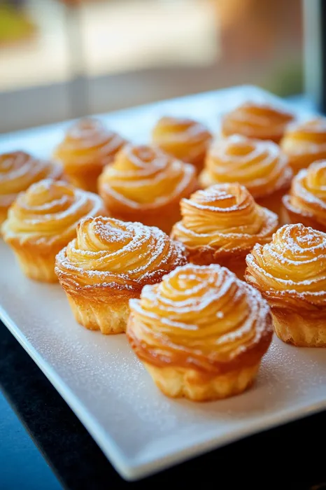 A plate of pastries with powdered sugar on top.