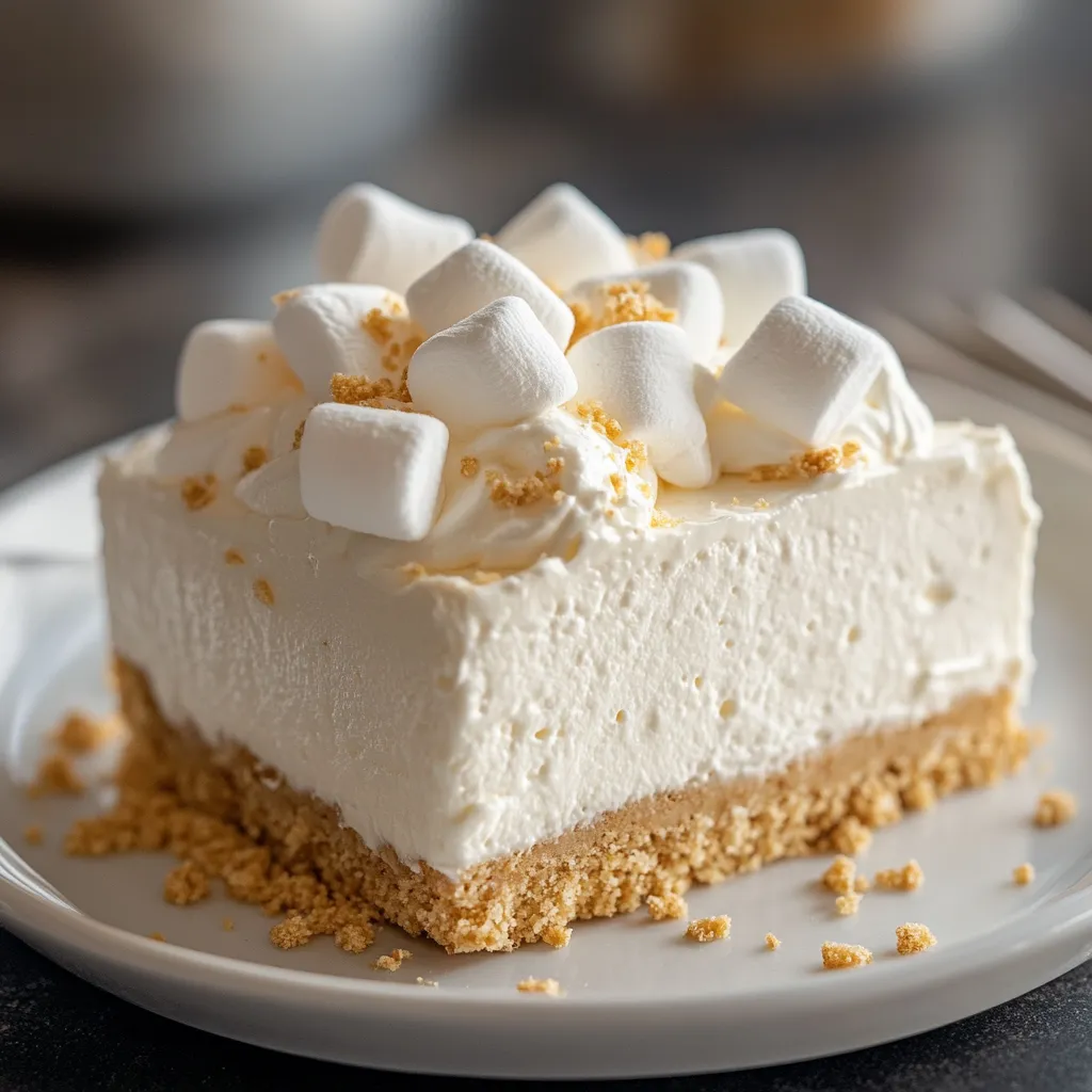 A slice of cake with marshmallows on top.