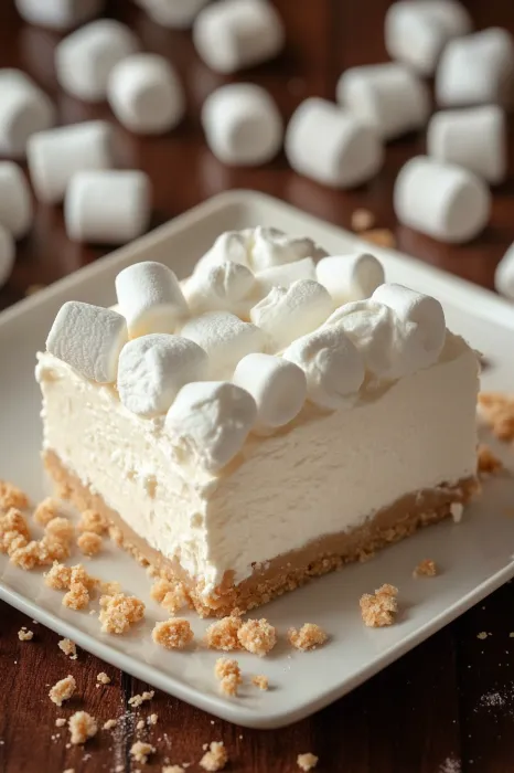 A slice of cake with marshmallows on top.