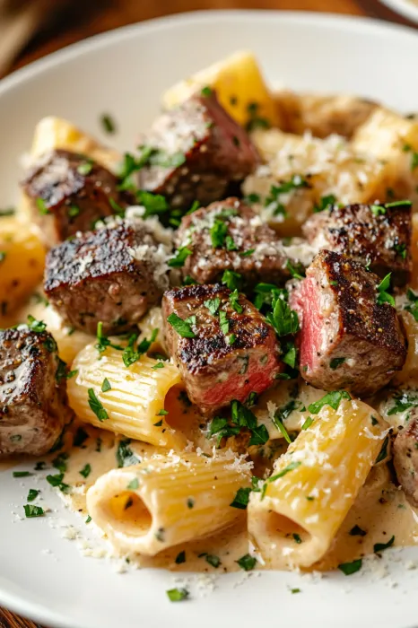 A plate of pasta with meat and cheese.