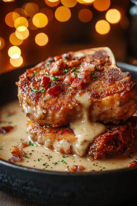 A plate of meat with gravy.