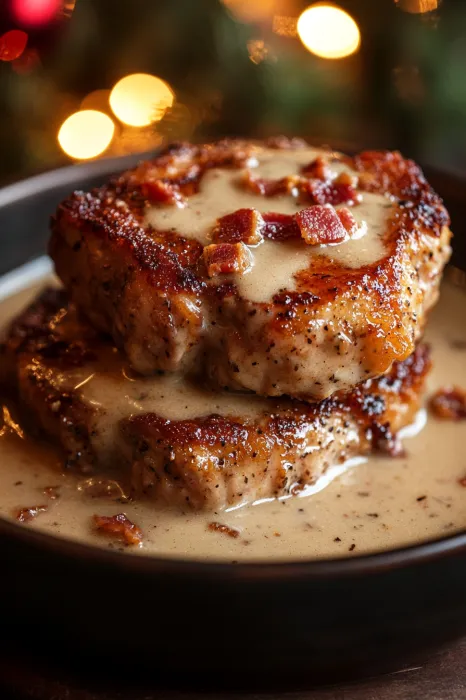 A plate of meat covered in gravy.