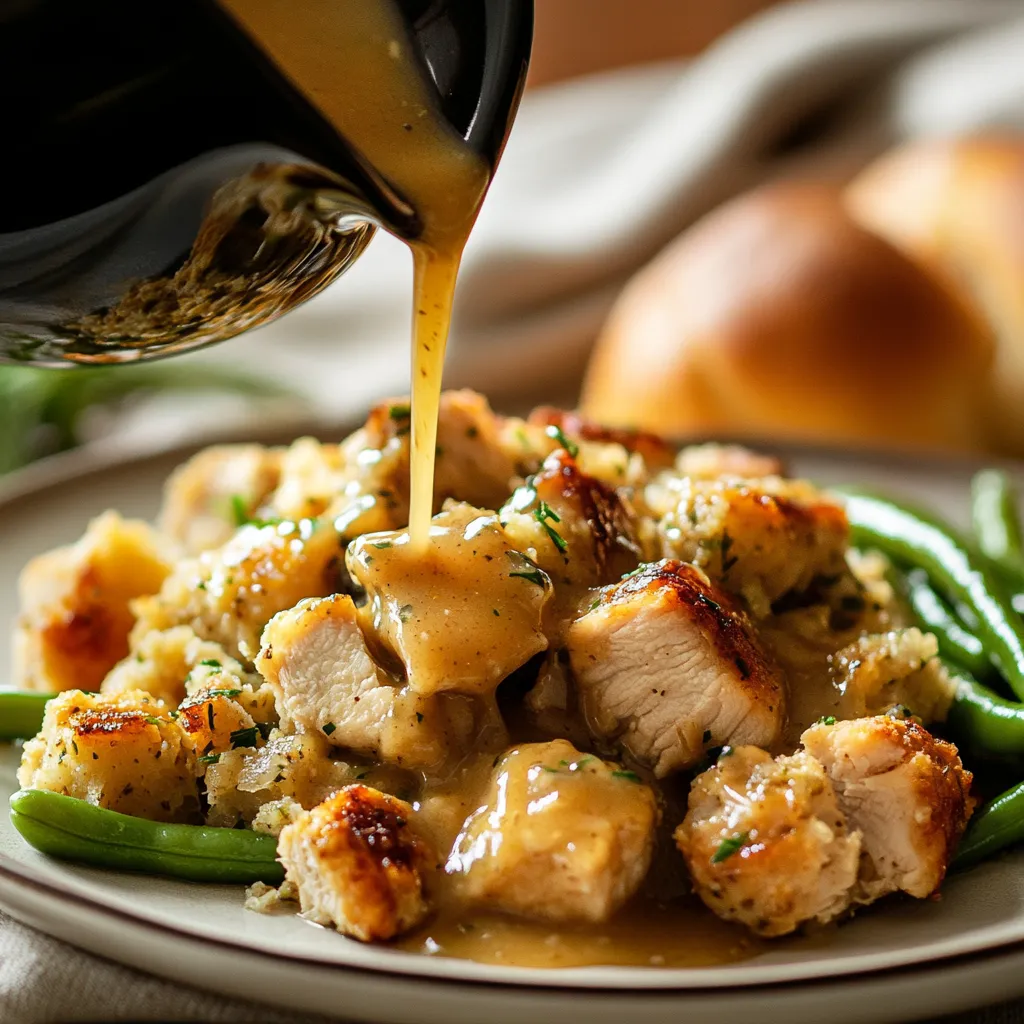A plate of food with gravy.