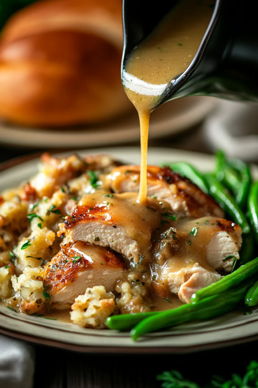 A plate of food with gravy being poured over it.