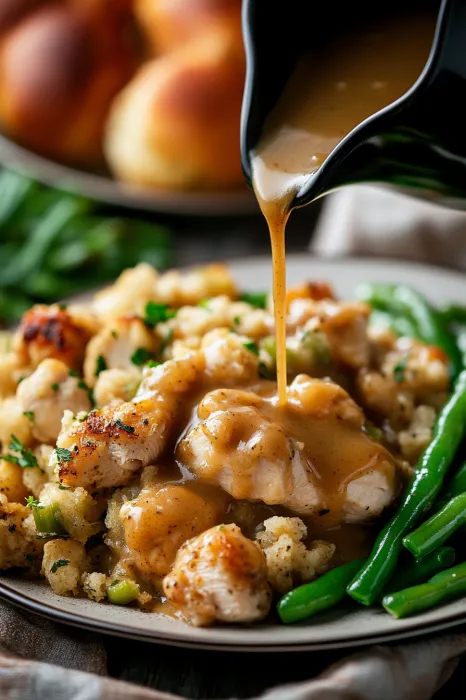 A plate of food with gravy.