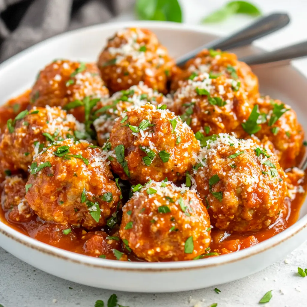A bowl of meatballs with cheese on top.
