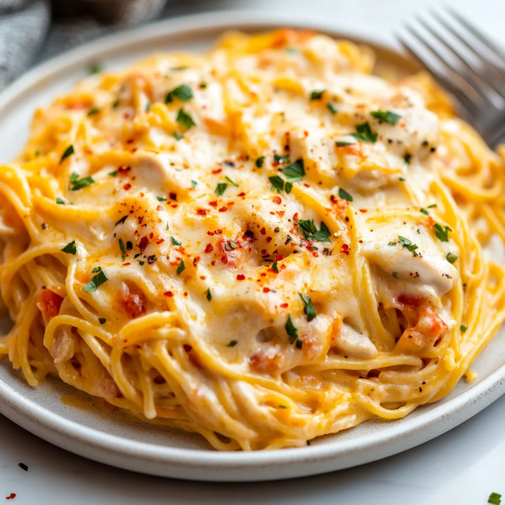 A plate of pasta with cheese and chicken.