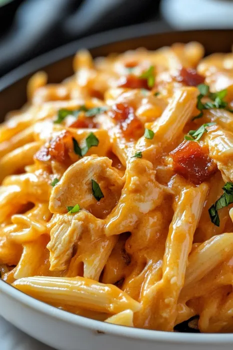 A bowl of pasta with meat and cheese.