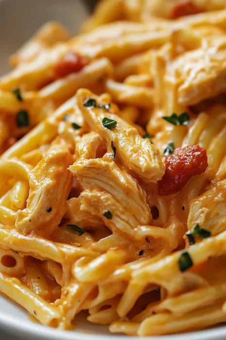 A plate of pasta with tomatoes and chicken.