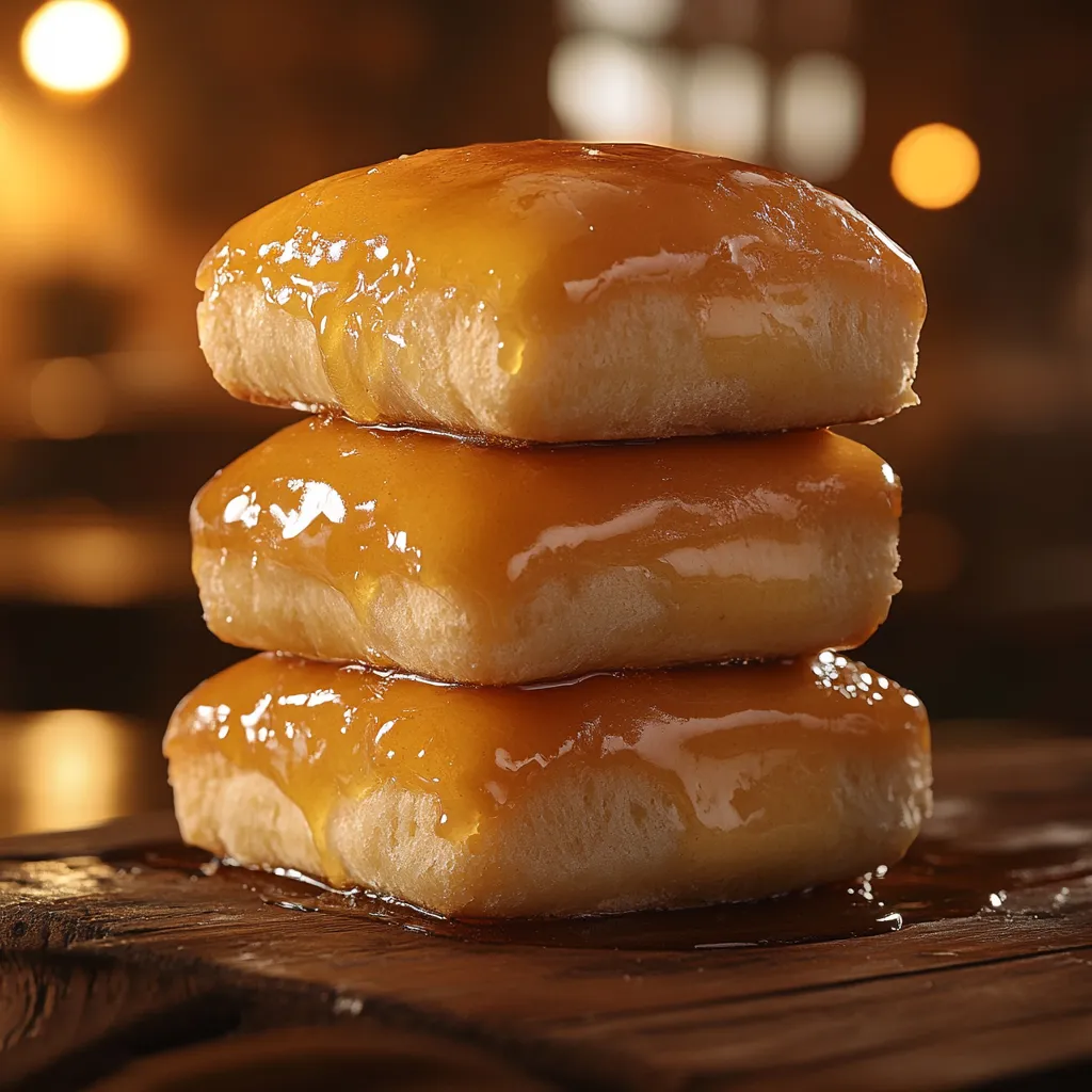 Three glazed donuts stacked on a table.