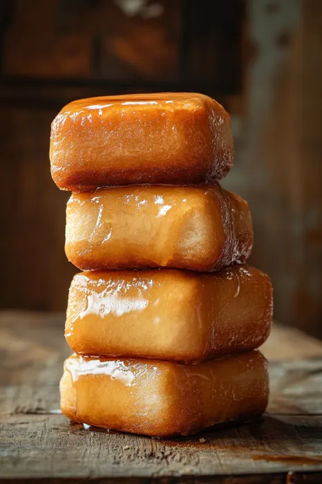 Three stacks of glazed donuts.