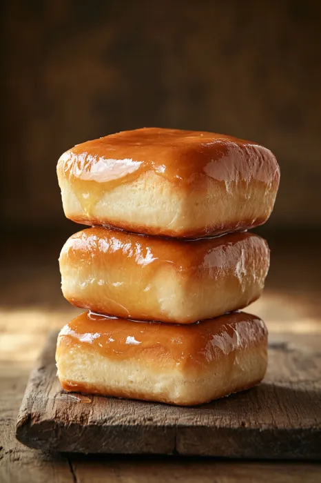 Three stacked donuts with glaze.