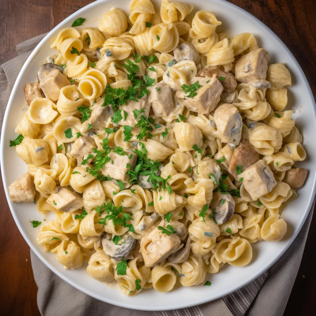 A plate of pasta with chicken and mushrooms.