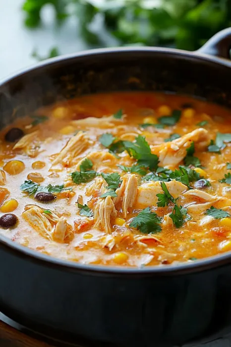 A bowl of soup with chicken and vegetables.