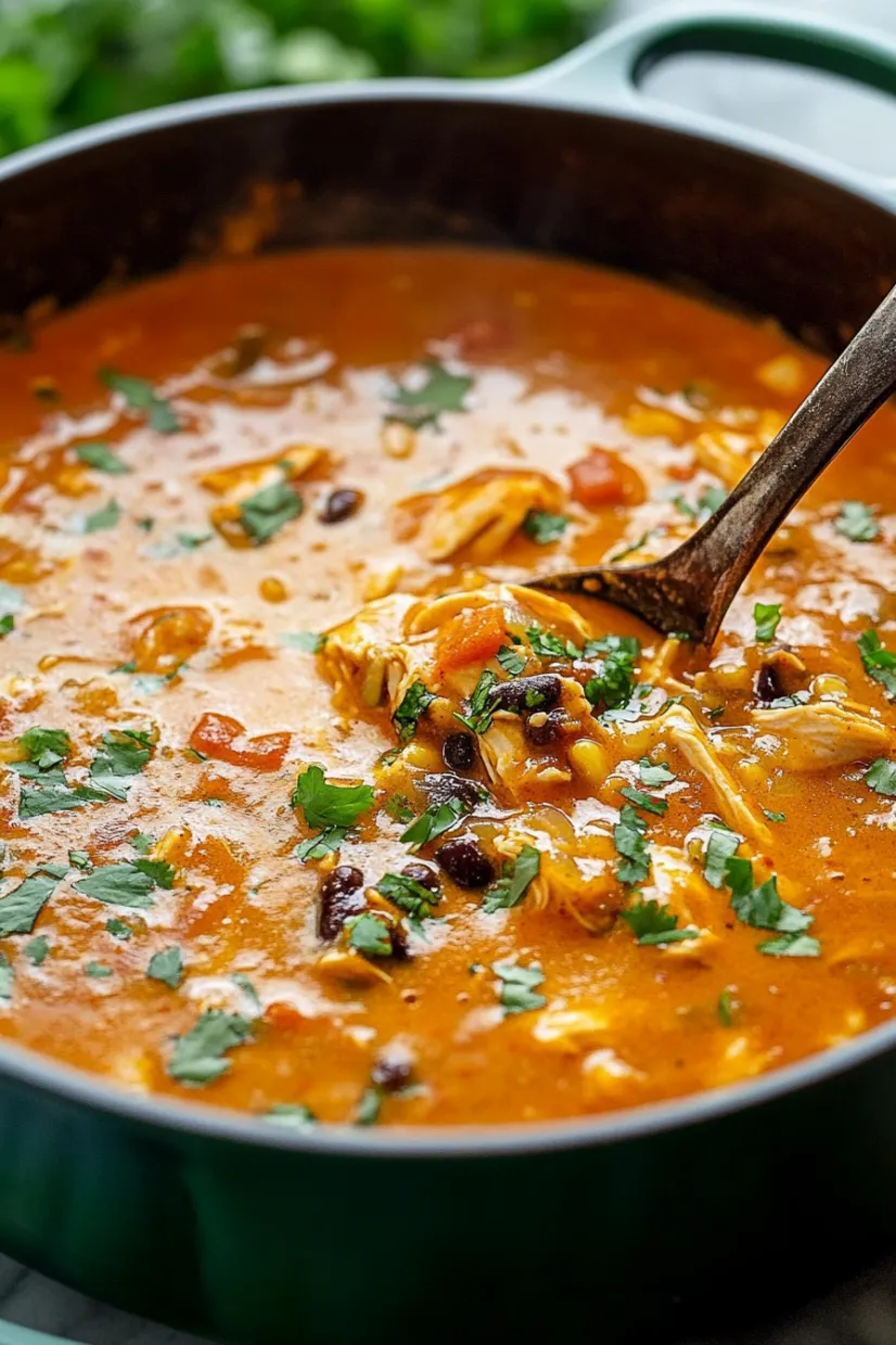 A spoon is in a bowl of soup.