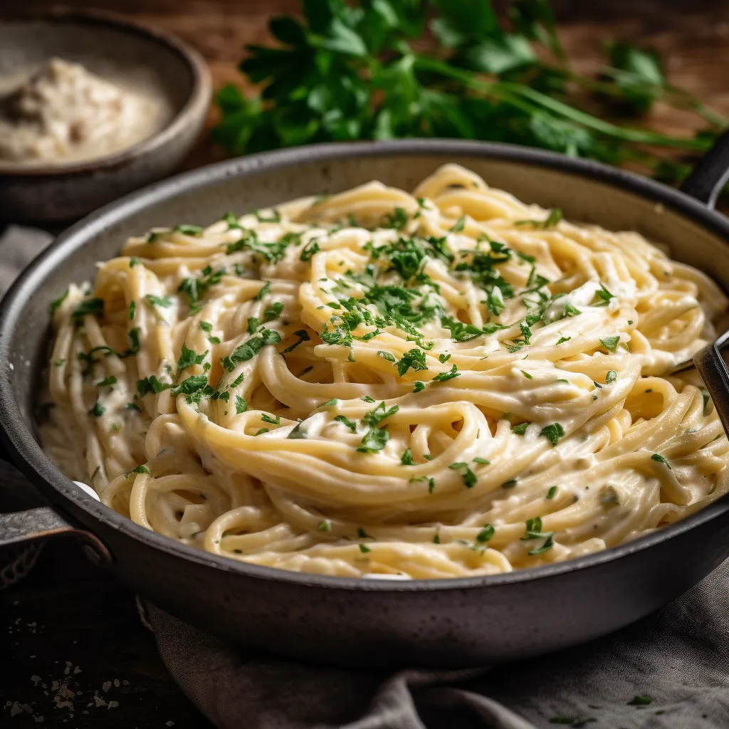 A bowl of pasta with herbs.