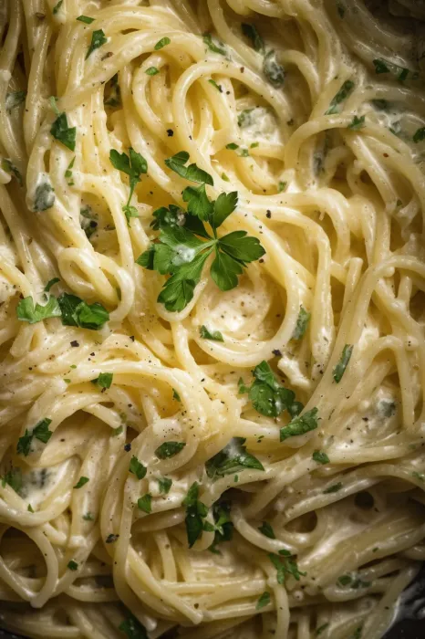 A bowl of pasta with green herbs.