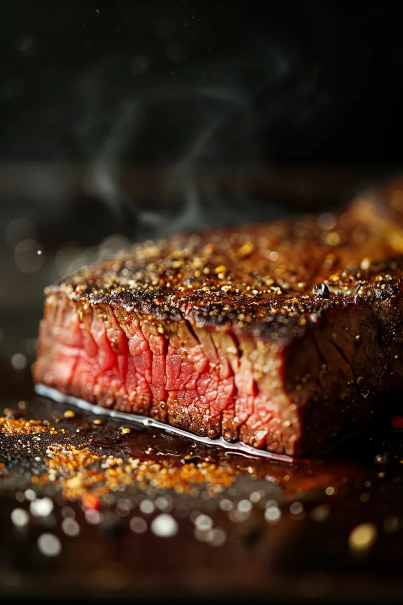 A close up of a piece of meat with smoke coming off of it.
