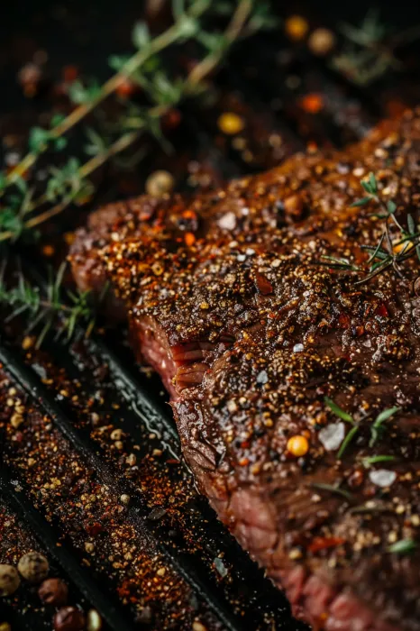 A piece of steak on a grill.
