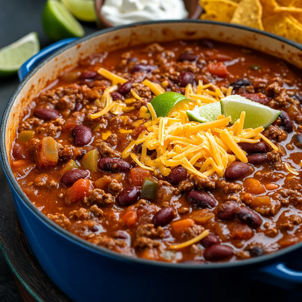 A bowl of chili with cheese and lime wedges on top.