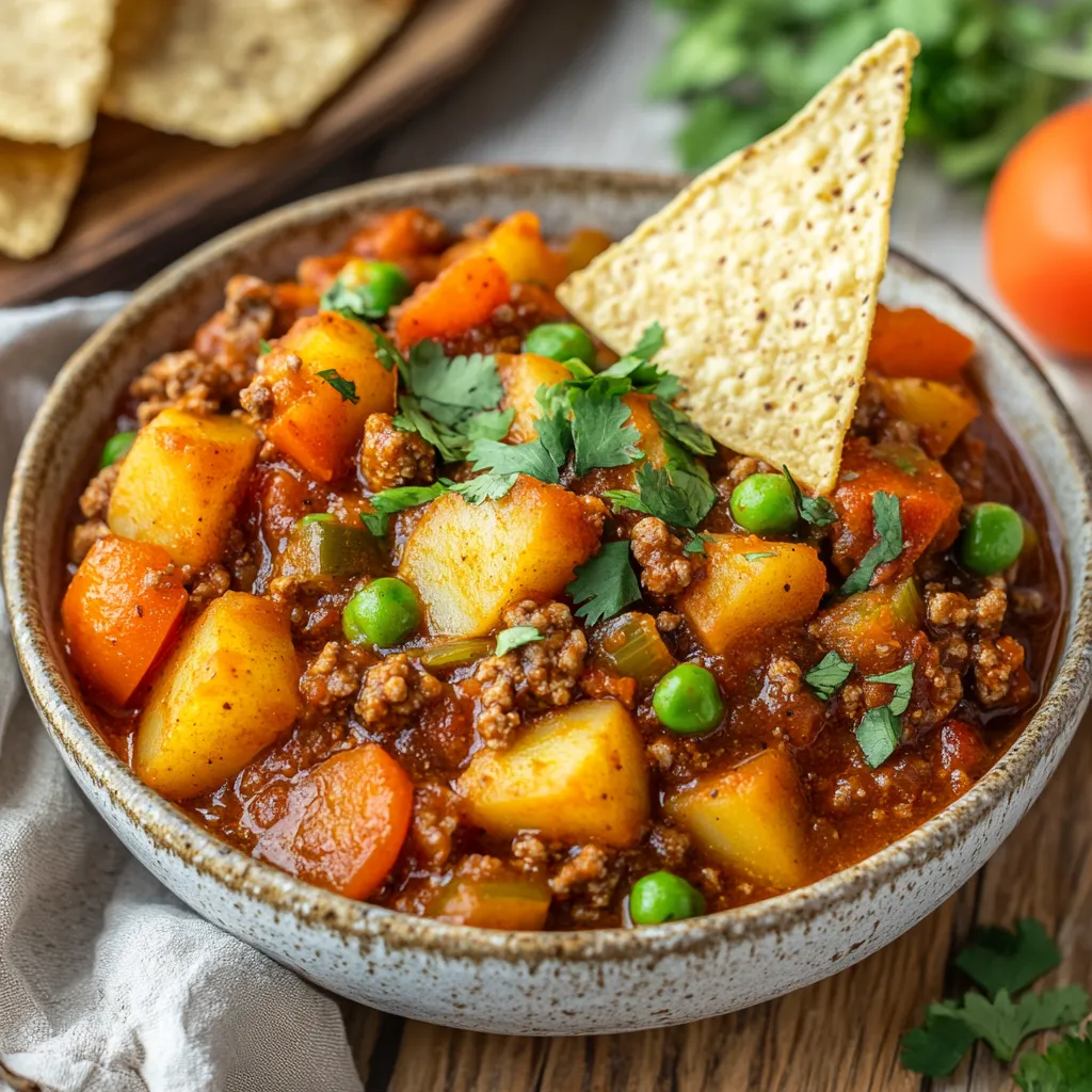 A bowl of chili with a tortilla chip on top.