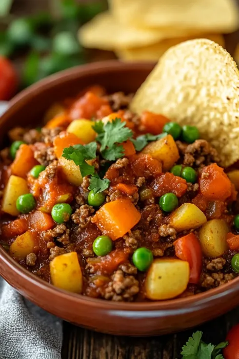 A bowl of food with peas and carrots.