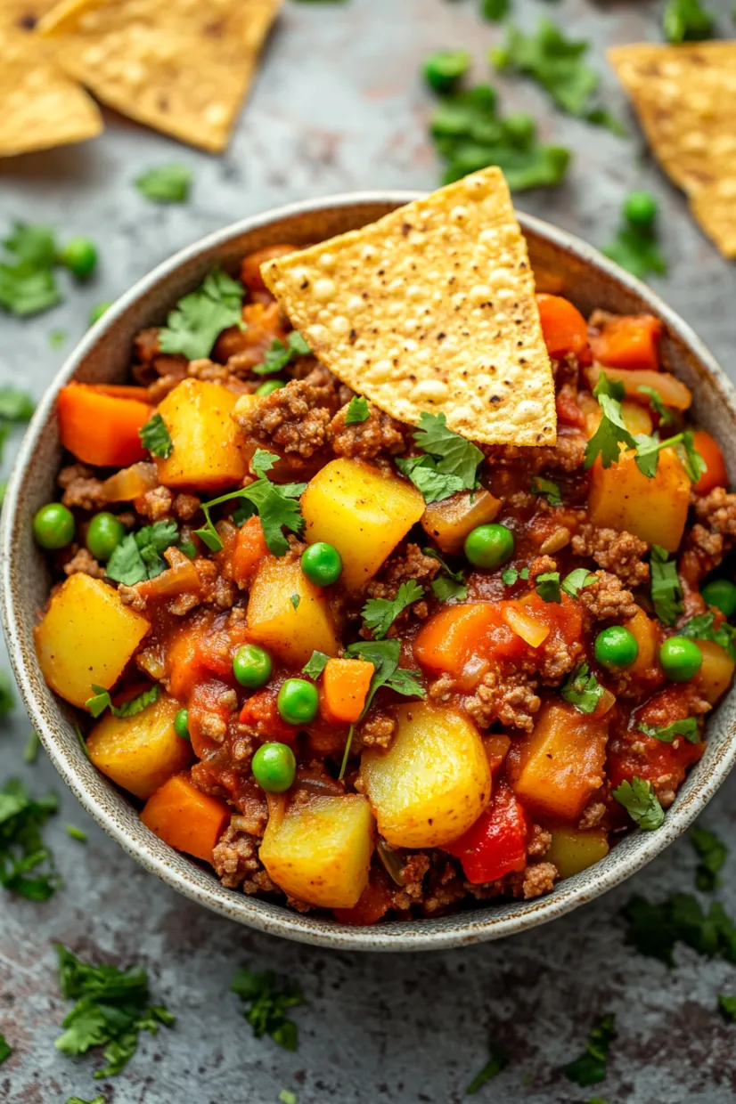 A bowl of food with a tortilla chip on top.
