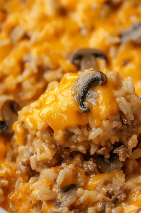 A close up of a mushroom on top of a rice dish.