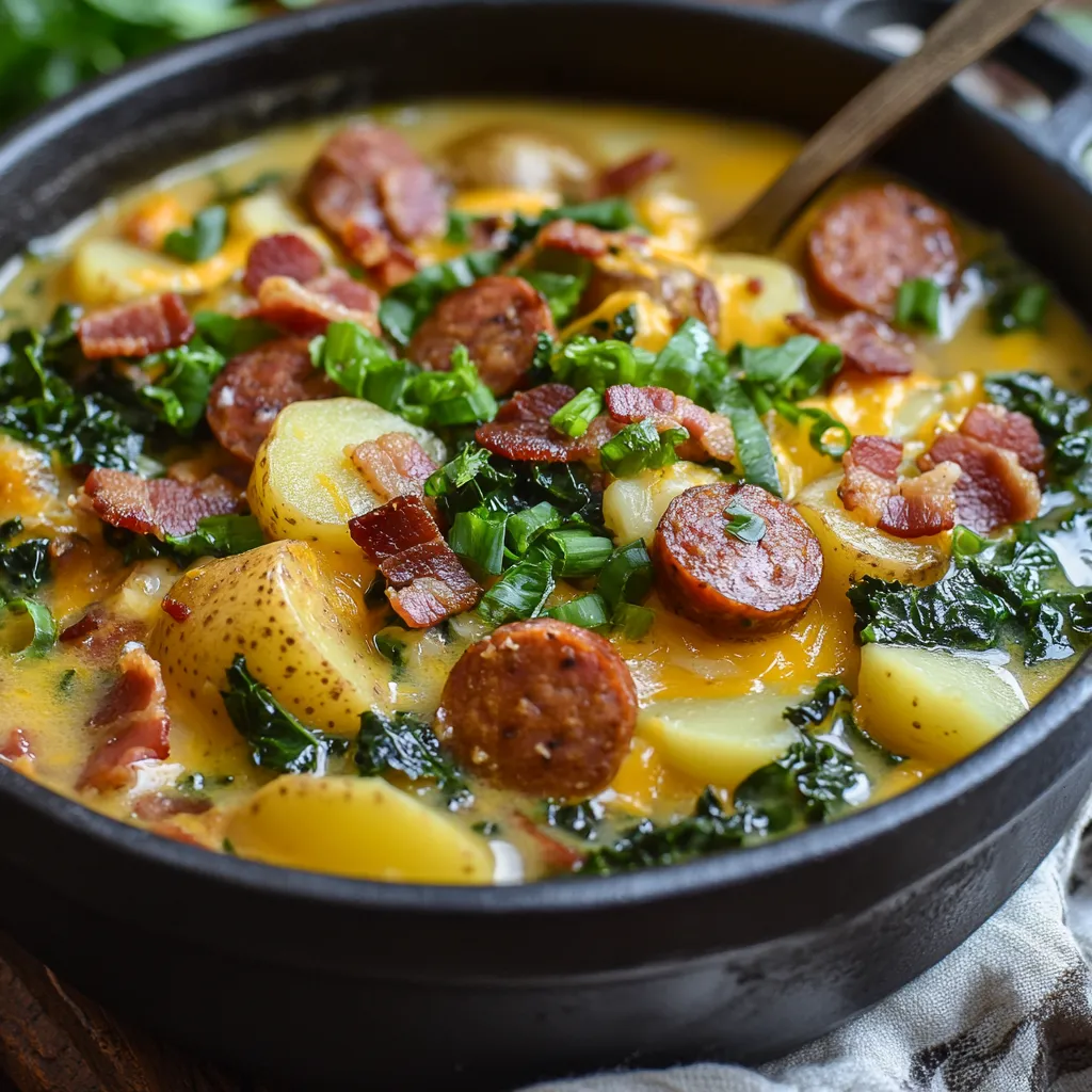 A bowl of soup with sausage and potatoes.