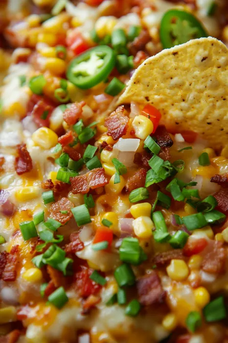 A close up of a plate of food with bacon and corn.