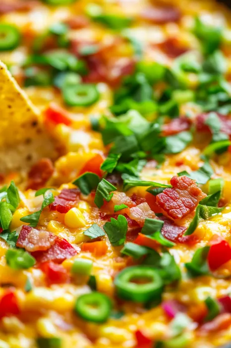 A pizza with bacon and corn toppings.