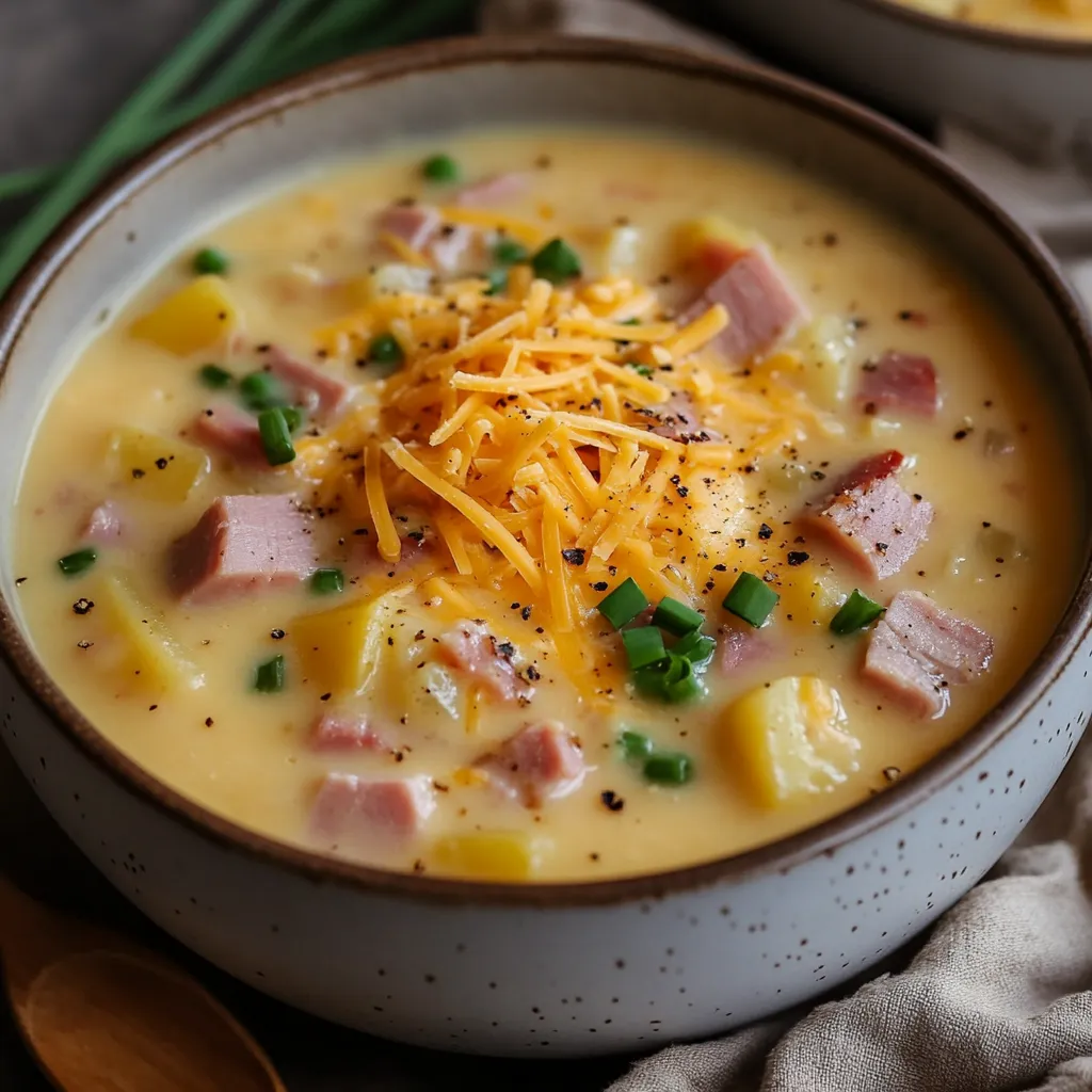A bowl of soup with cheese and ham.