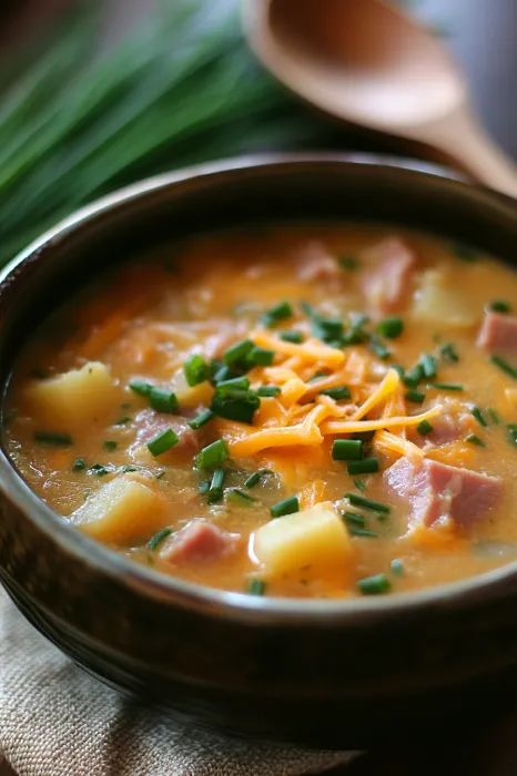 A bowl of soup with cheese and herbs.