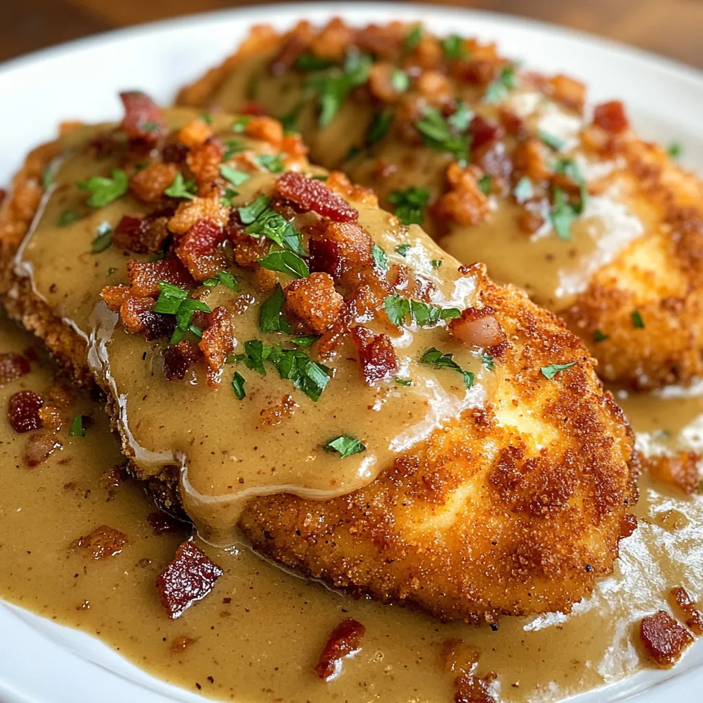 Bacon covered chicken with gravy.