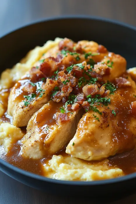 A plate of food with bacon and gravy.