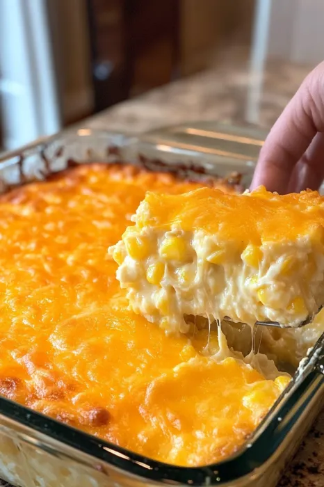 A hand holding a spoon with a piece of corn casserole.