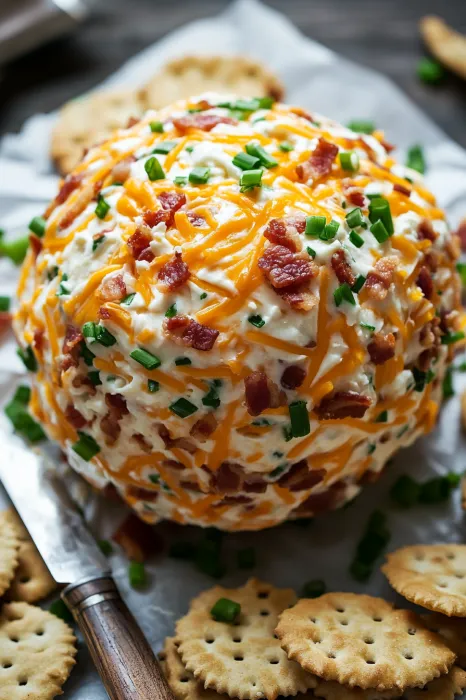 A cheese and bacon ball on a plate.