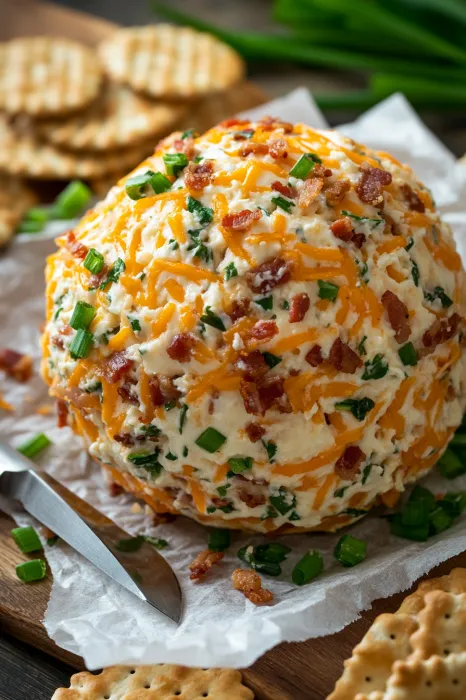 A cheese ball with bacon bits on top.