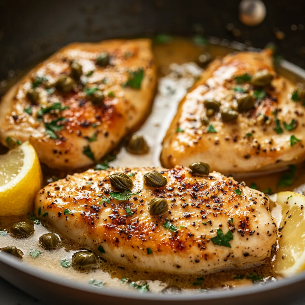 A plate of chicken with lemon and herbs.
