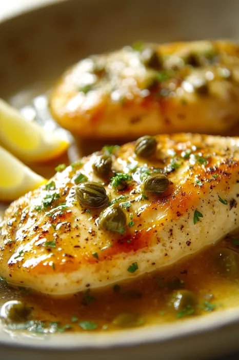 A piece of chicken with a lemon wedge on top.