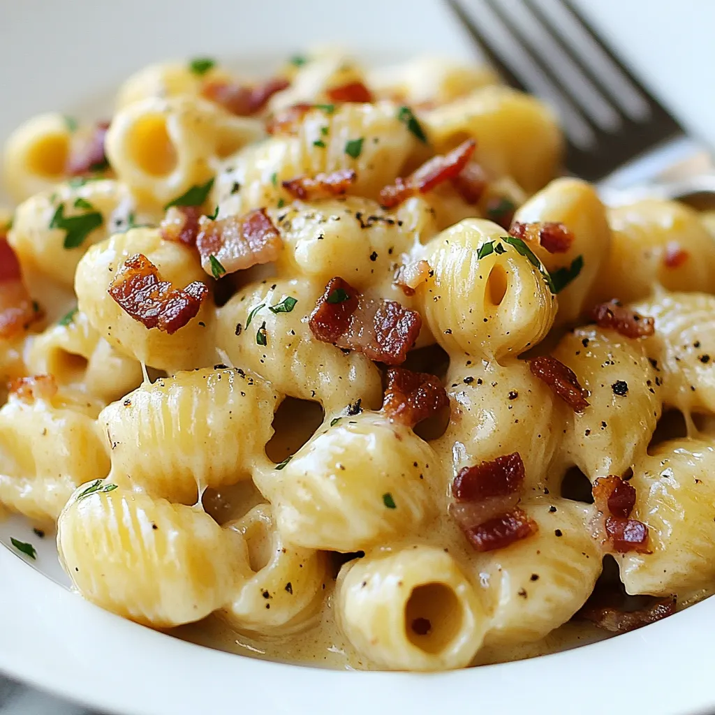A plate of pasta with bacon.