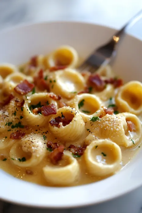 A bowl of pasta with bacon and cheese.