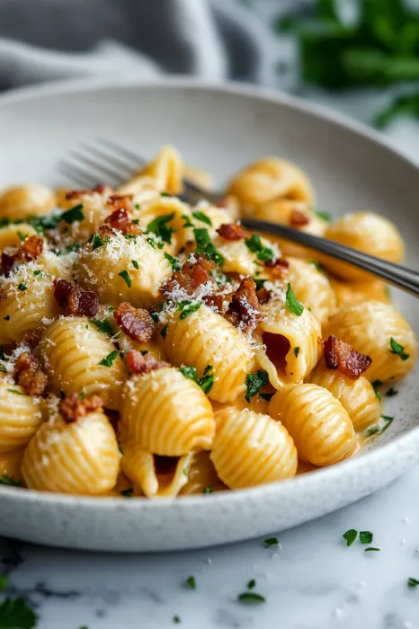 A bowl of pasta with bacon and cheese.