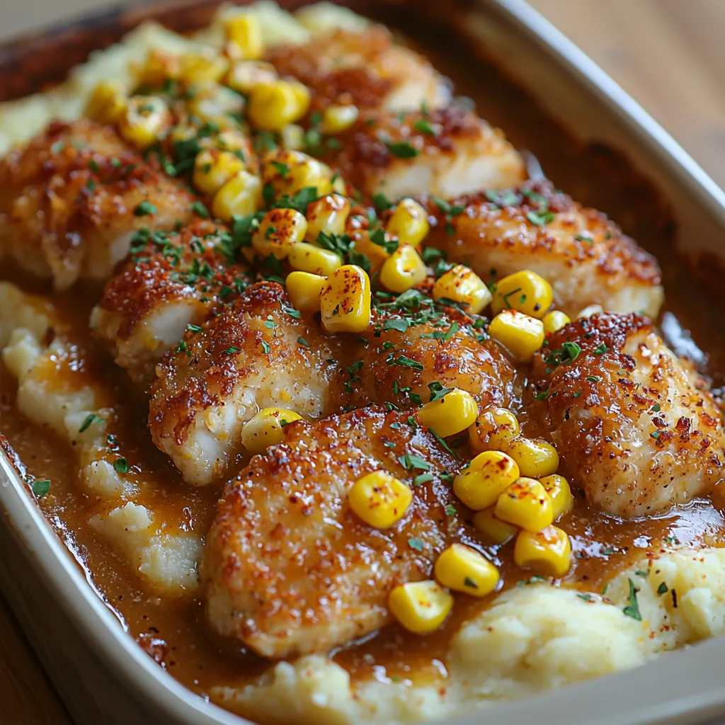 A dish of food with corn and chicken.